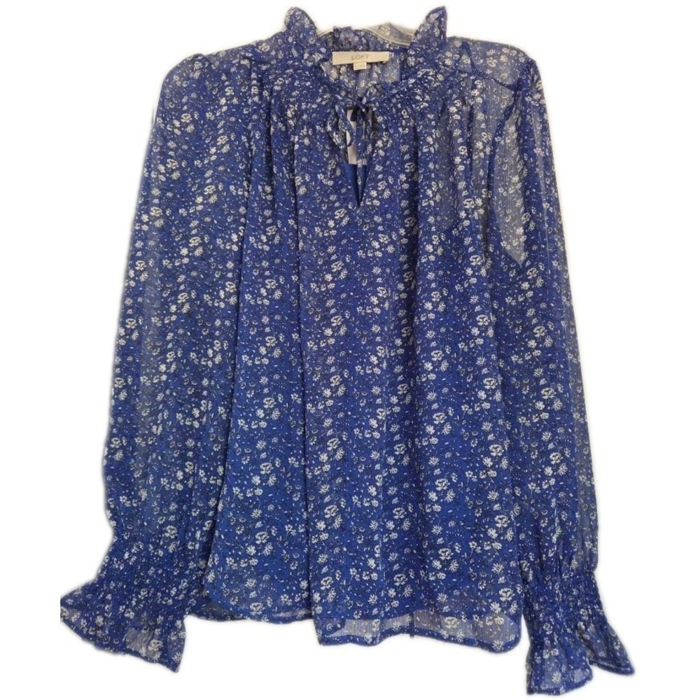 NWT ANN TAYLOR LOFT  Cobalt Blue Floral Semi-Sheer Lined Smocked Blouse Large
